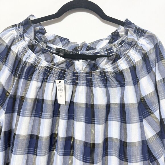 Talbots Smocked Top 1X Tinsel Tartan Plaid Blue White Gold 3/4 Sleeve Plus Size - Picture 2 of 10